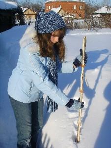 Измерение высоты снежного покрова с помощью деревянной планки и измерительной ленты.